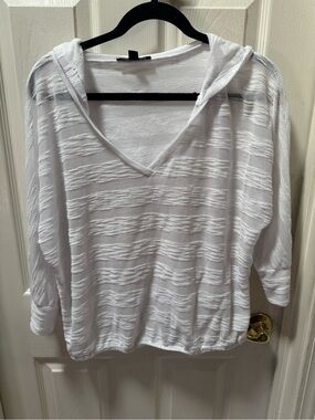 INC International Concepts White Sheer Hooded V-Neck Top